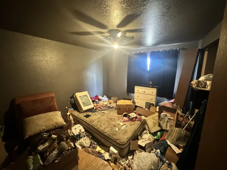 Dark bedroom crowded with furniture and boxes